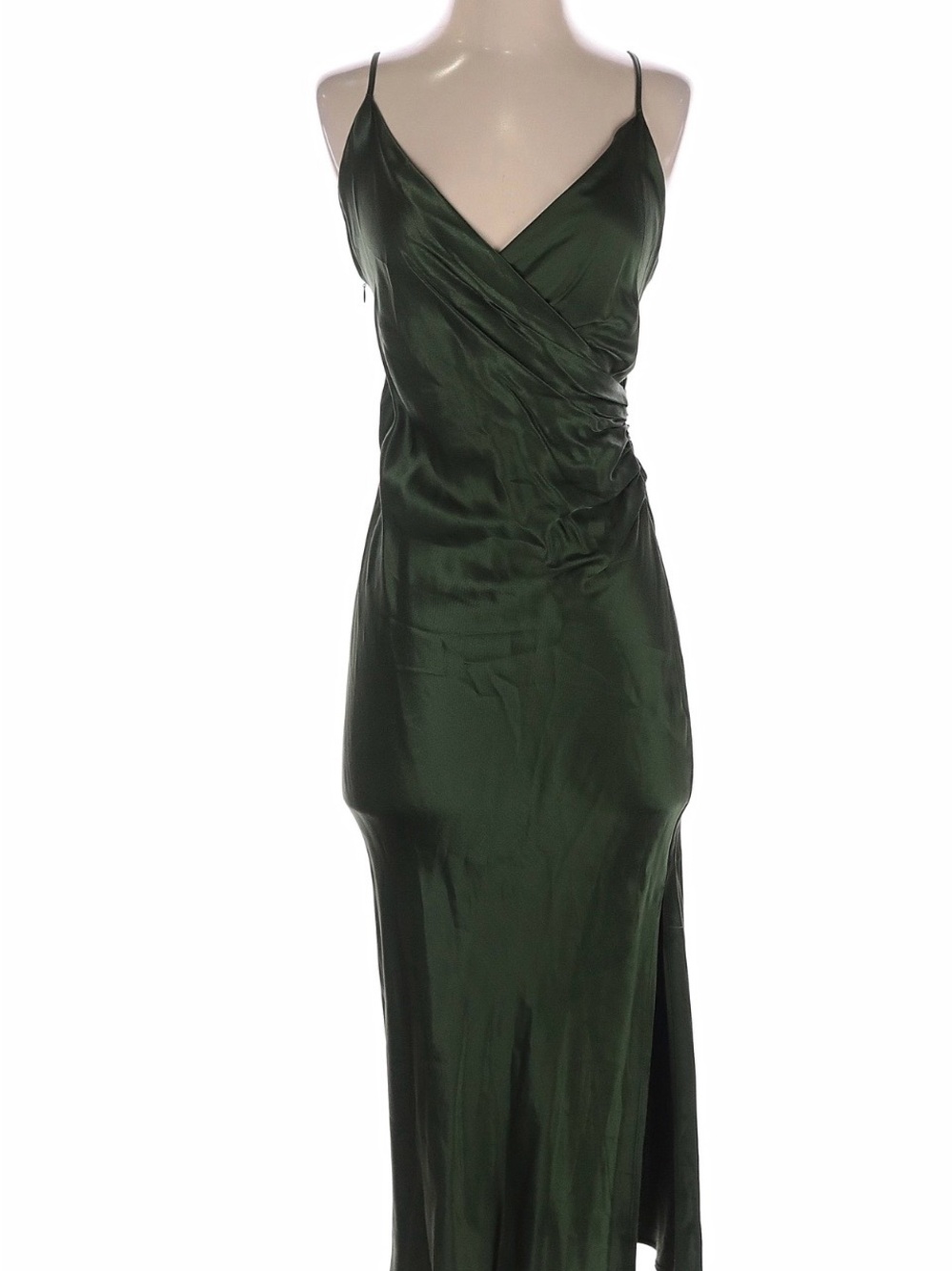 Zara Dark Green Satin Midi Slip Dress with Side Slit